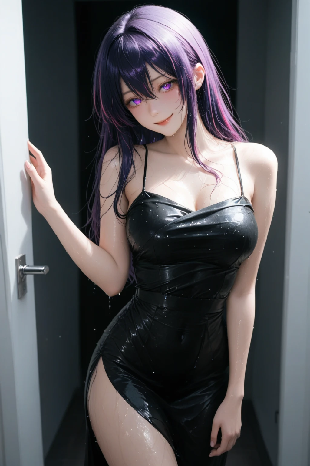 standing with legs apart、 1 cute sexy girl, highest quality、Ultra - High resolution、High resolution、Detailed CG、8k unit wallpaper、20-year-old、beautiful and detailed eyes,platinum blonde hair、Random hairstyle、(((Black and purple super shiny latex panties)))、((( black skin , Shirt with tie , cropped shirt , pleated skirt , cleavage ,Oily skin)))、(shiny body,:1.5)、 please be shy、(Little devil、Mesgaquismiles:1.5)、(Stick out your tongue and drool)、full of embarrassment、Sexy pose、((steam))、Dingy toilet、Private toilet、Dark atmosphere、Public toilets、
