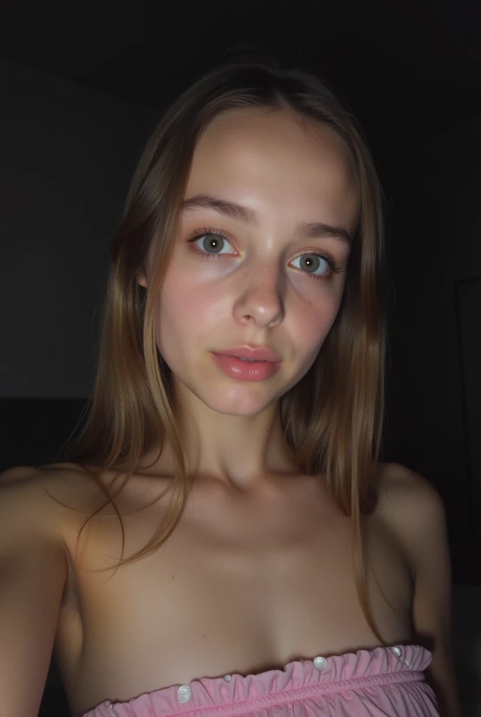 Tight black and orange top:1.2, looking at the audience, movie theater lighting, perfection, soft light, High Resolution Skins:1.2, realistic skin texture, 18-year-old、small face、professional makeup,Show your shoulders,Bust C cup、blue eyes, good, shining blonde hair、Completely naked、gray background、I can see the abdomen、ecstasy、sexual excitement、sexual pleasure、Sloppy mouth、open your mouth、A look of pleasure、