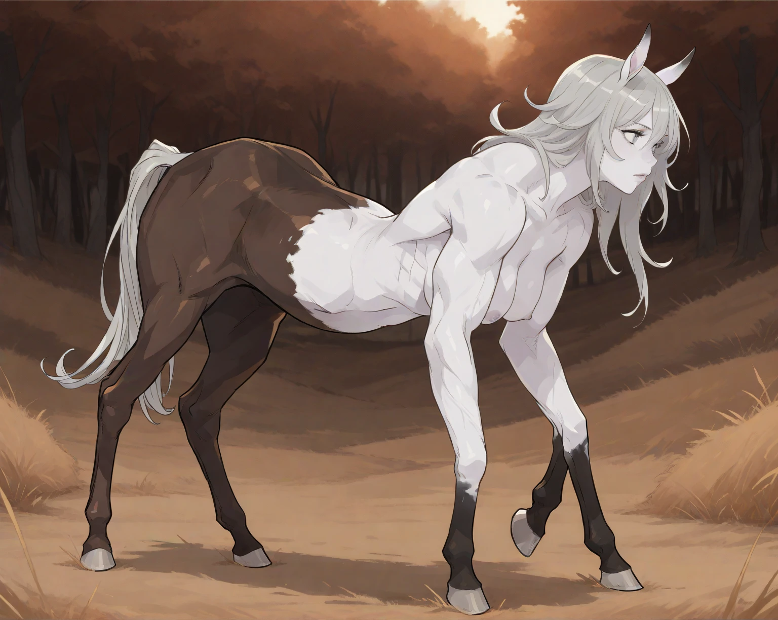 nsfw, 1 female fox, young, forelimb hands, straight long white hair, small breast, heart-shaped eyes, tear, riding on rocking horse, brush, ambient light, full body, high quality, high-details, best quality,