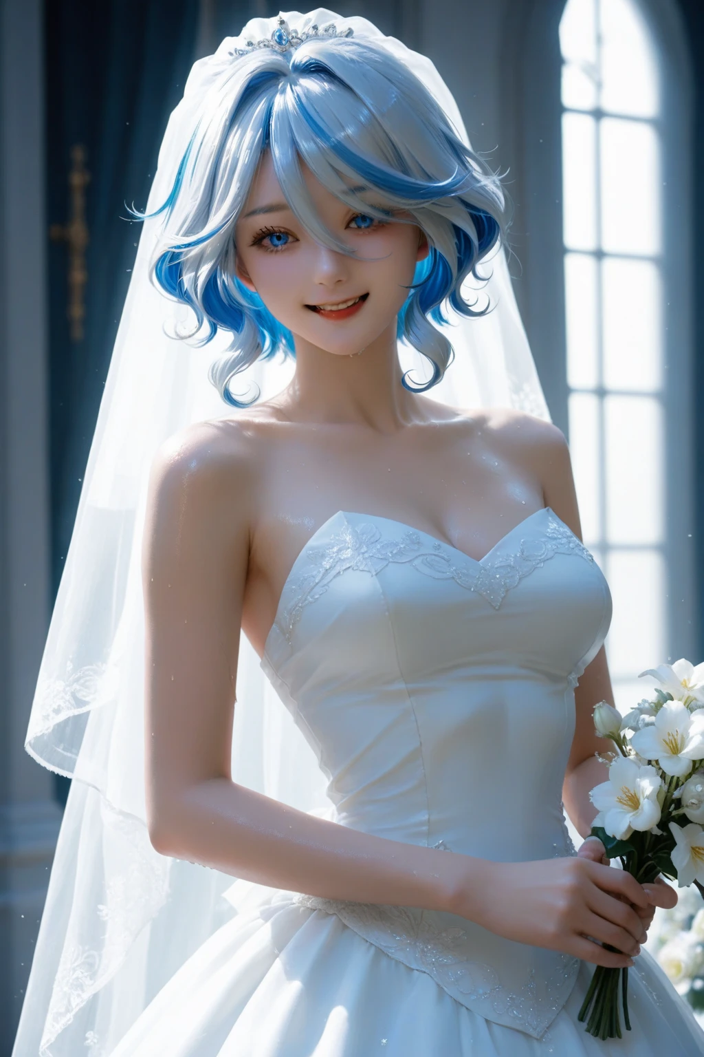 brynhildr lancer fgo,20-year old,bride,pure,dazzling smile,laurel wreath,white wedding dress,shyly pose, pretty round face,tall,very skinny,slender,light blue hair, cross-cut bangs strongly leans to the right,detailed hair