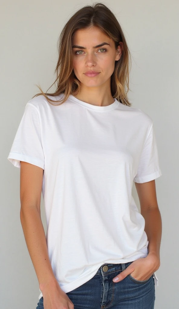 a woman in a Branco shirt and denim shorts posing for a picture, Branco camiseta, Branco Camiseta, Branco tshirt, camiseta, Camiseta, plain Branco tshirt, dressed in a Branco t shirt, Manga curta, detailed Branco, Branco, "organic, Branco shirt, Branco top, pearlescent Branco, Branco trendy clothes