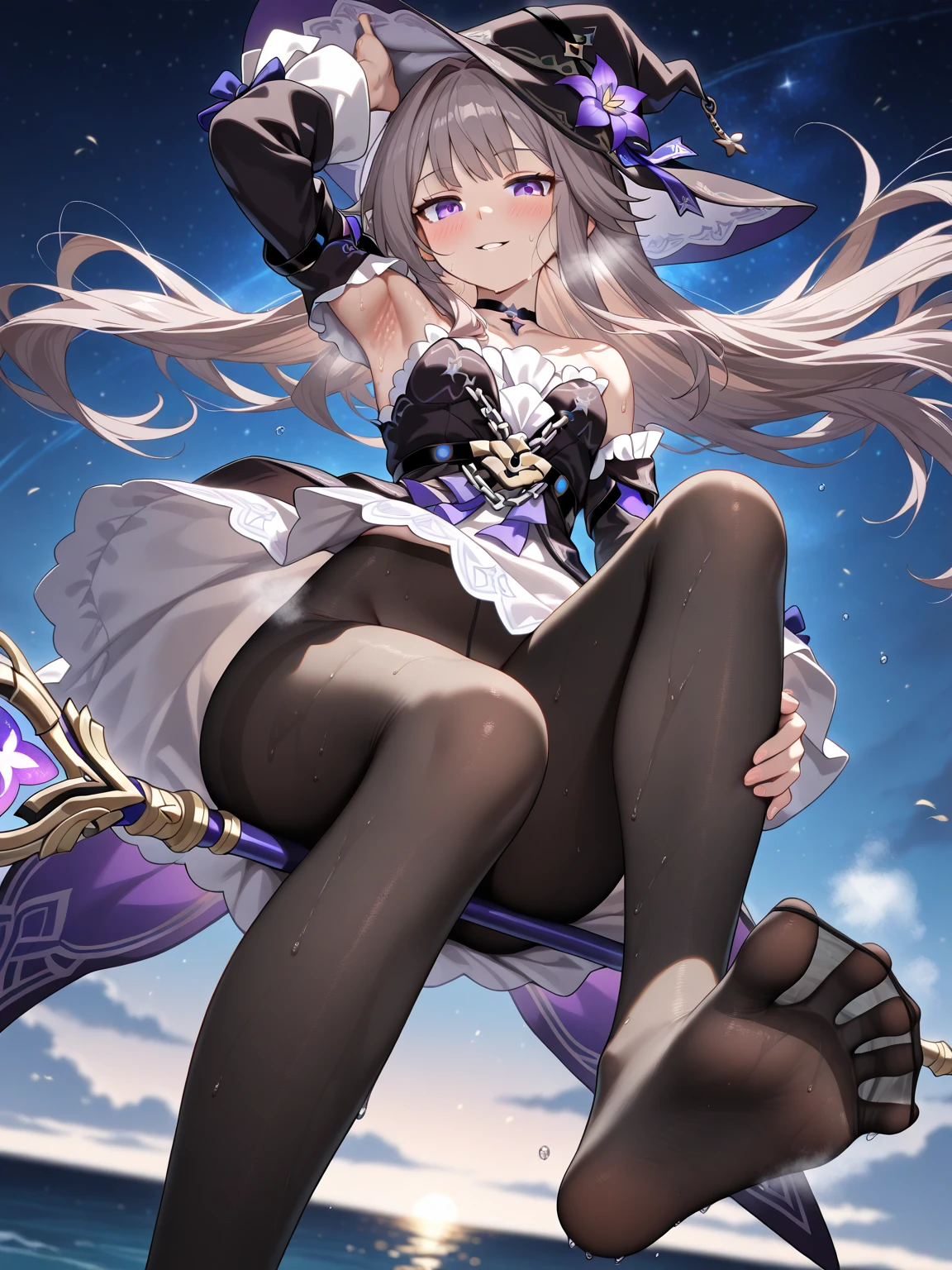 masterpiece, best quality,
1girl, uppper body, closed_mouth, long_hair, looking_at_viewer, solo,purple eyes, white_hair,breats, tiny hat, Rhea, white legwear, white boots, dynamic angle, white footwear,