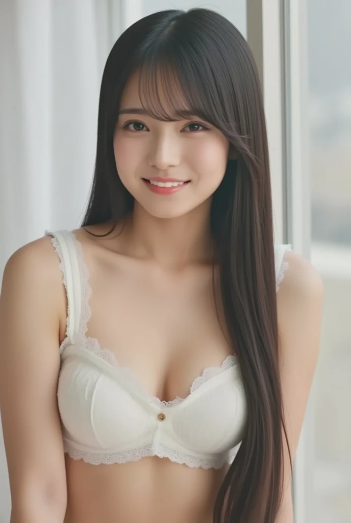 (masterpiece, 最high quality:1.2), One Japanese girl, alone,sexy, (Super beauty,beautiful girl),20-year-old, (厚くsexyな湿った唇,) (White sleeveless dress), (A very cute face, like an idol:1.3), (big eyes with double eyelids), ((Upper Body)), beautifulスリムな体型, (小さくてbeautiful胸), Beauty, Beautiful legs, Very detailedな, photoRealistic, 8k, high quality, Realistic, Very detailed, Intricate details, Cinema Lighting, beautiful, Intimate, delicate, soft,Natural light, Warm tones, Black Hair, Medium Straight Hair, With bangs, smile, In a room with white walls,