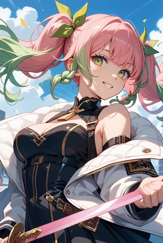 (Perfect Anatomy)、Mastepiece、Ultra High Quality、 8k、masterpiece、Highest quality、Ultra-high resolution、Maximum resolution、Very detailed、Professional Lighting、anime、woman、thin、Very beautiful face、Very beautiful eyes、(Highly detailed eye)、Highly detailed face、Blonde, (ahoge), wavy hair, Pink eyes, (gold hair, green dip-dye hair), stomach cutout, thigh boots, high heels, white mini pencil skirt, white off shoulder, makeup, eyeliner, eye shadow, pink cheek, pink lips, smile, underboob, full body,