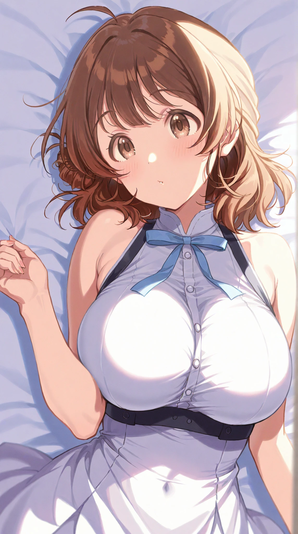 (highest quality), (Super detailed), (Best Illustration), (beautiful girl), (((from before))), (Upper body), (white collared shirt with open neckline), (big breasts), brown hair, bob cut, hair between eyes, messy hair, The whole face turns red, blue eyes, ((white background)), white bra,