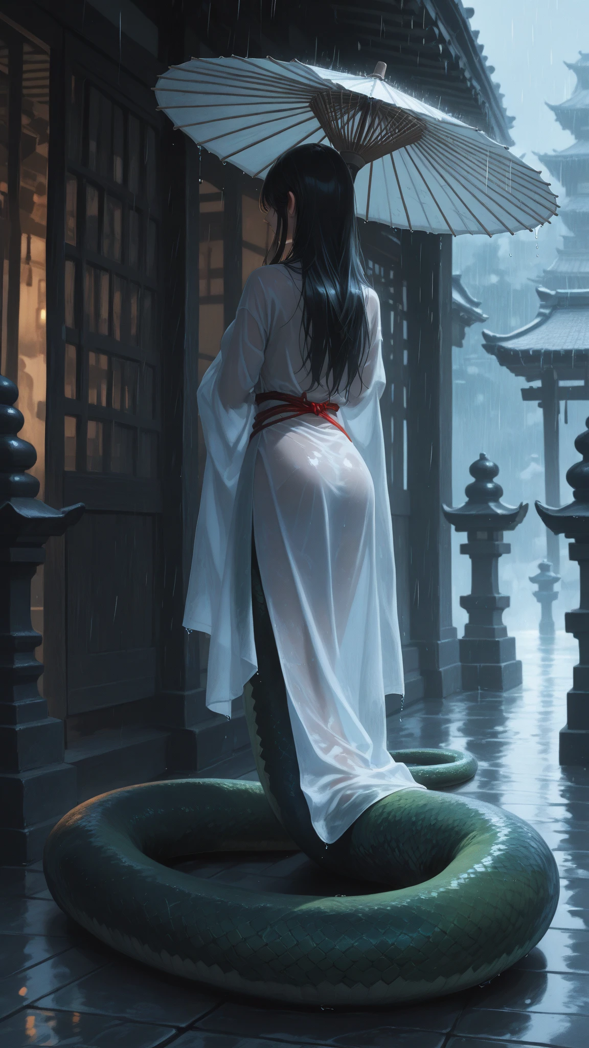 Cat in the back、black cat、huge pussy、Studio Ghibli style、Japanese style、Japan、A shrine in the background、Temple、Wet day、Highest quality、Ultra-fine、Cloudy、anime、Show your back、Giant cat