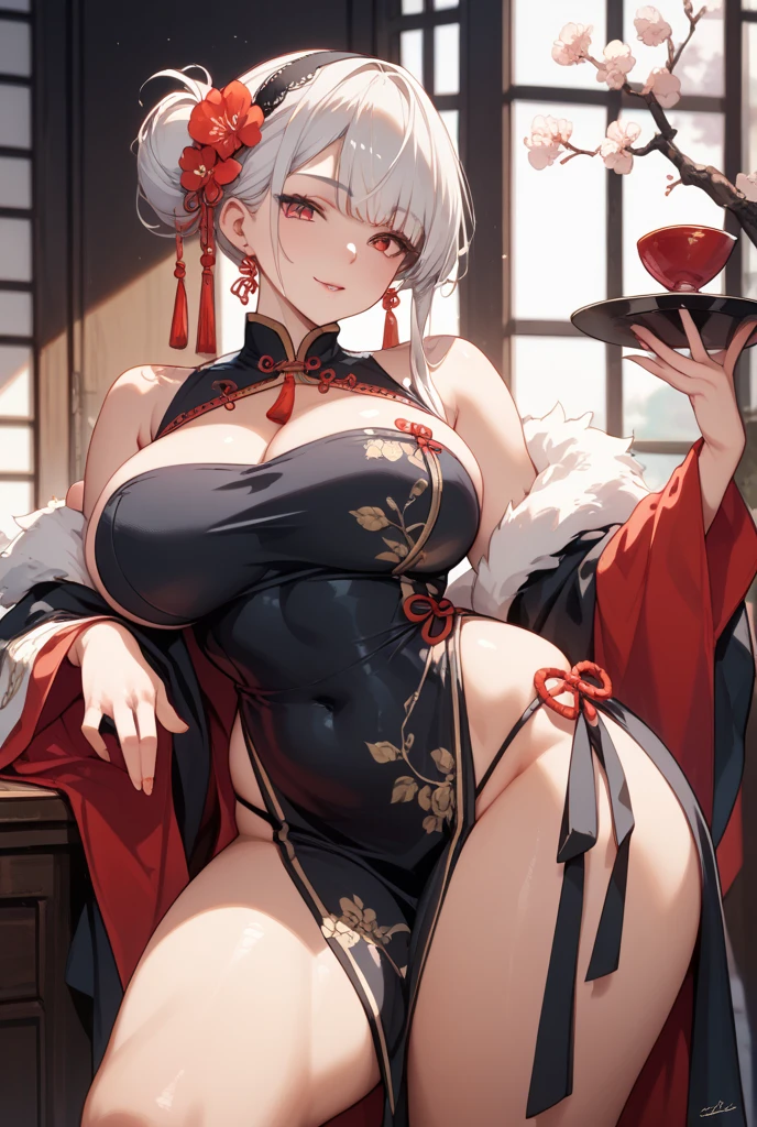 (masterpiece:1.2, highest quality), (highly detailed face, real image, delicate skin tone realistic skin, realistic body, Authentic kimono with attention to detail，boyish，long eyelashes，expensive，huge cleavage，big bust，huge nipples，naked，big hips, thick chest plate, beautiful feet, and a thin waist，full body photo，clearware，whiten skin，high heels，gloves