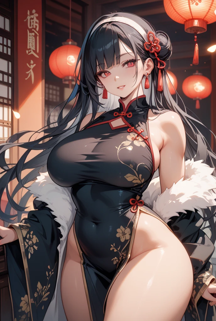 A woman wearing red Chinese costume with gold details, large breasts exposed, thighs exposed, women's long brown stockings, long black hair, red eyes, white fur cape, golden bow on her head, golden flower in her hair, smiling, walking in a Chinese palace traditional, full body, (place at night) Chinese lamps around, bokeh effect, bloom, 8k, super detail, ccurate, best quality, UHD, anatomically correct, textured skin, high quality, highres, best quality ( solo woman)