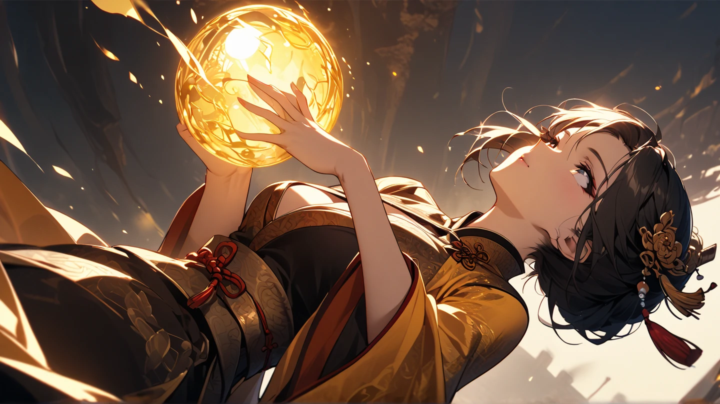 A beautiful woman in a gold kimono smiles against the backdrop of a mountain of gold nuggets, gold coins, and gold dust sparkling in the air.