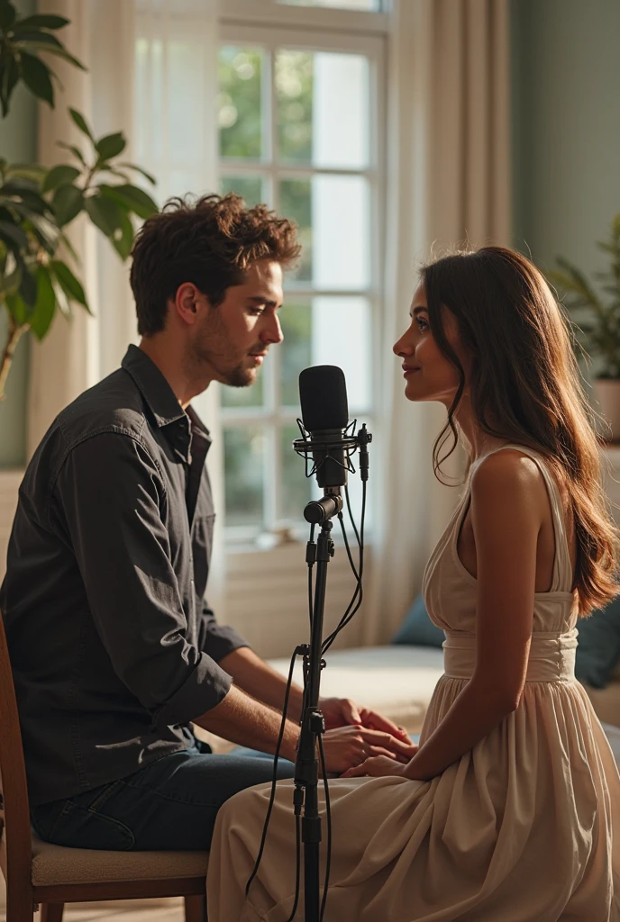 A covert art  for music album  thumbnail with a man an a woman smiling sitting on a piano, professional, comfortable, in a music studio 