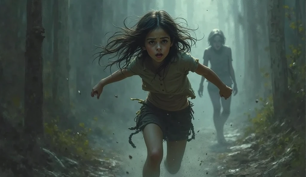 a black-haired girl with shoulder-length hair, fleeing from reality. (Heart Broken.)