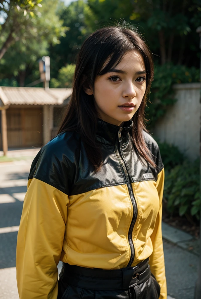 Girl standing with both hands up above hair and fingers close together, wearing yellow training uniform with zipper,