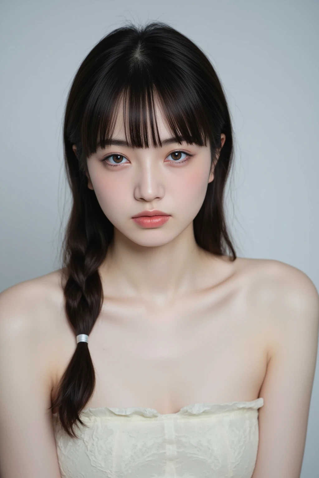highest quality, realistic, 8K, High resolution, 1 girl, woman, (skin dents), (portrait:0.6), nice, ((white background, naked, small breasts:1.65)), (Long braided brown hair, parted bangs:1.4), looking at the viewer, (1 girl eyes looking at the viewer:1.6), realistic, (Bokeh), (closed mouth, smile:1.3), nice, face to face with the children_V1:1,