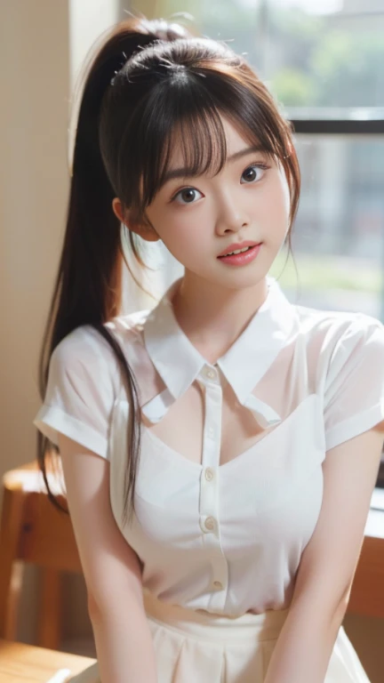 High Quality, Masterpiece, Highly Detailed, High Resolution, 4K, Ultra High Definition, Detailed Shadows, Ultra Realistic, Dramatic Lighting, 1girl, Solo, Detailed Face, Realistic Eyes, Realistic Skin, Dynamic Hair, Dynamic Pose, Dynamic Angle, White Flower Dress, White Background, ulzzang-6500-v1.1, (raw Photo:1.2), ( photorealistic:1.4), beautiful detailed girl, very detailed eyes and face, beautiful detailed eyes, ridiculous, incredibly ridiculous, huge file size, super detailed, high resolution, very detailed, best quality,
(Bright indoor), (soft light), (low contrast), (shallow depth of field), (portrait of a beautiful woman illuminated by gentle light), (extremely delicate and elegant depiction), (short length bangs), (hair color is a dark chestnut shade with a slight brown tone), (hair with a subtle and gentle wave), (small braids intricately woven on the side of long hair), (adorned with a thin ribbon), ( white blouse with small frills), (bow tie), (blue long skirt), (white short ankle socks), illustration, very detailed, CG, unified, 8k wallpaper, amazing, fine detail, best quality, Very detailed CG unified 8k wallpaper, face light, movie lighting, 1girl, 16 years old, ((no panties)), ((dynamic pose))), (camel toe), (half), (bent knees and legs sitting))