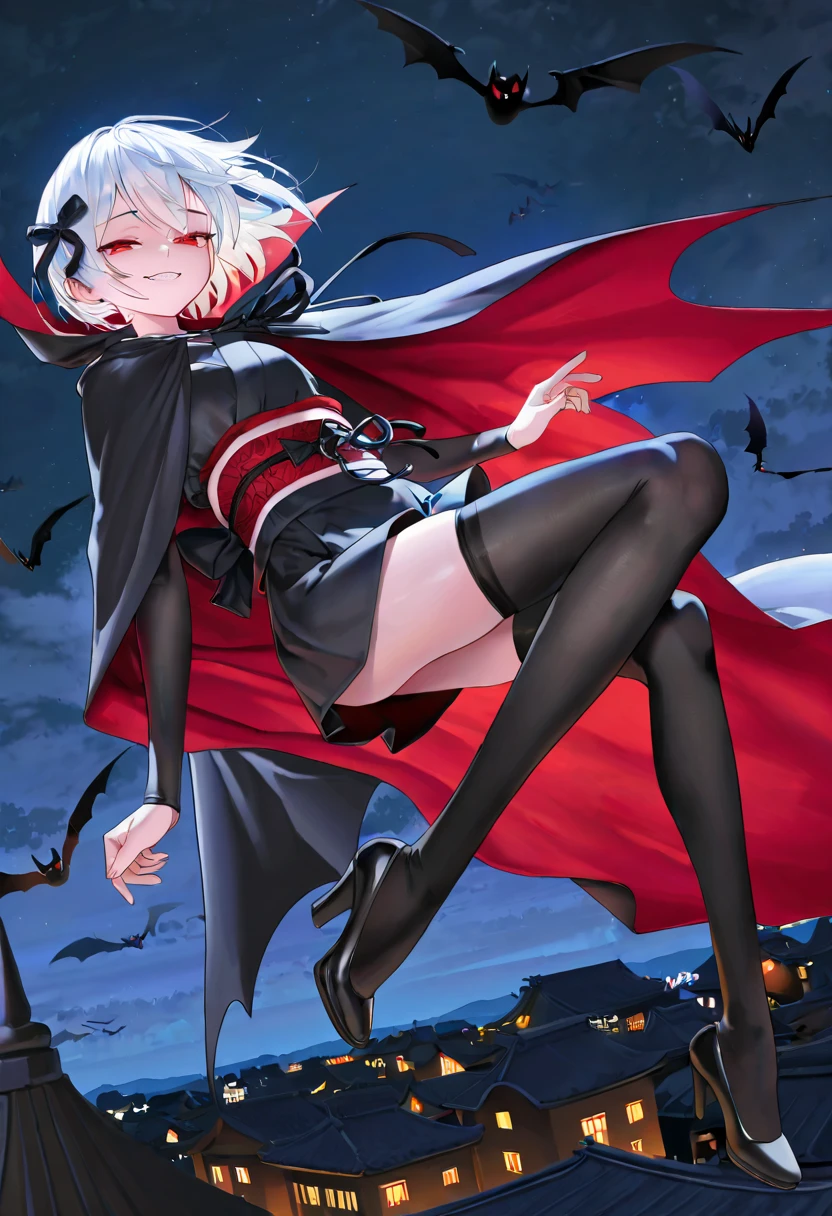 NSFW, ,best quality,cute girl, short silver hair, ,, ,High heel pumps,Wine Red Gothic Lolita(:1.3),, , garter straps,black thighhighs,Standing in a dark, dilapidated ruin. , naughty face, 