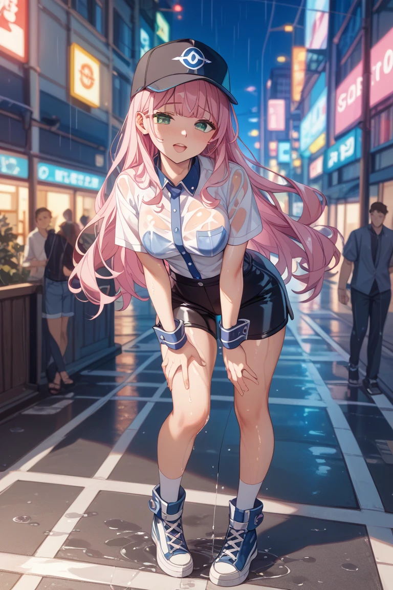 nodokaharamura, nodoka haramura, blue eyes, hair bow, long hair, pink hair, bow,
BREAK blue skirt, kiyosumi , pleated skirt,serafuku, skirt,
BREAK looking at viewer,
BREAK indoors, city,night,neon lights,rain,wet road,reflections
BREAK (masterpiece:1.2), best quality, high resolution, unity 8k wallpaper, (illustration:0.8), (beautiful detailed eyes:1.6), extremely detailed face, perfect lighting, extremely detailed CG, (perfect hands, perfect anatomy),black pantyhose, full body, standing in street, wet uniform,from behind,back view, from below, upskirt,showing ass, panties,wet panties,camel toe.