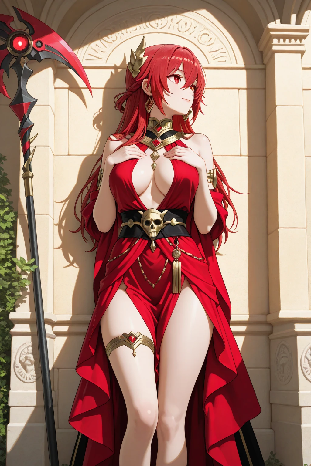 Female asian Irina Shidou red hair twintails green eyes, in an ancient Roman coliseum with many statues, wearing a silk loin cloth and nipple covers and diamond earrings and golden choker, legs spread wide open, portrait, masterpiece, highly detailed