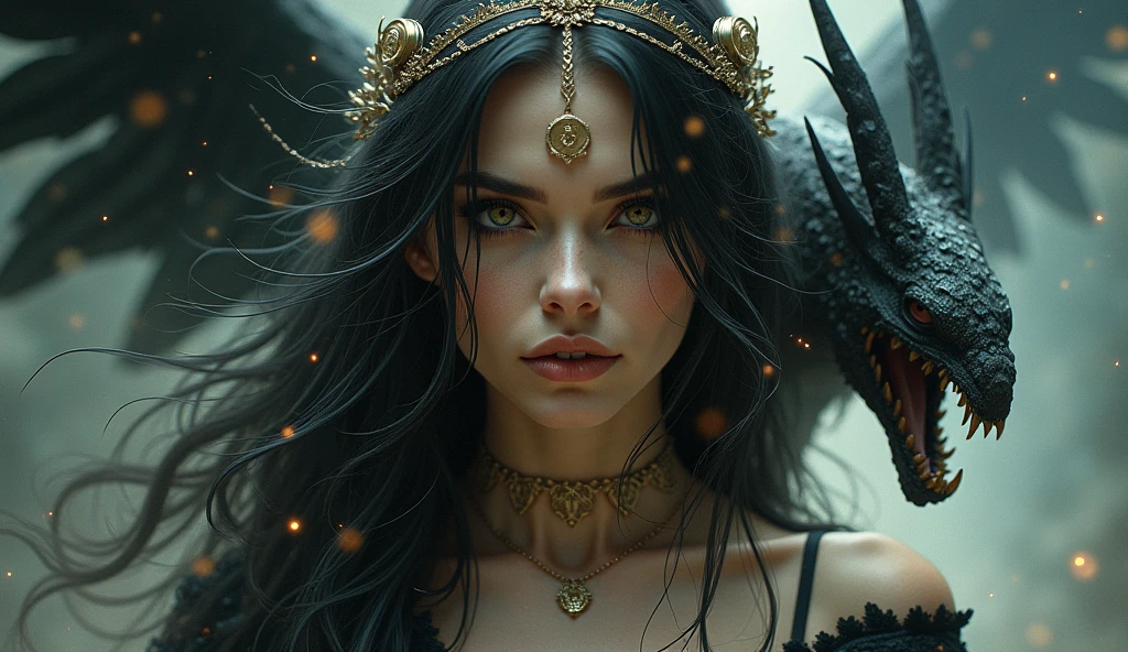 Beautiful painting of a  Succubus with a slender figure, large breasts that cascade down the chest, formless, long flowing hair adorned with small horns, and perfect features that exude an ethereal allure. She is wearing an extremely baroque dress, revealing dress that accentuates your shape, with intricate details that shine in the light. His upper body is captured in a cowboy photo, facing the camera with a mesmerizing expression. The abstract beauty of its form is almost perfect, radiating pure sensuality and dynamic energy. The ethereal background is full of deep dark shadows, creating a dramatic contrast against the harsh cinematic lighting and background