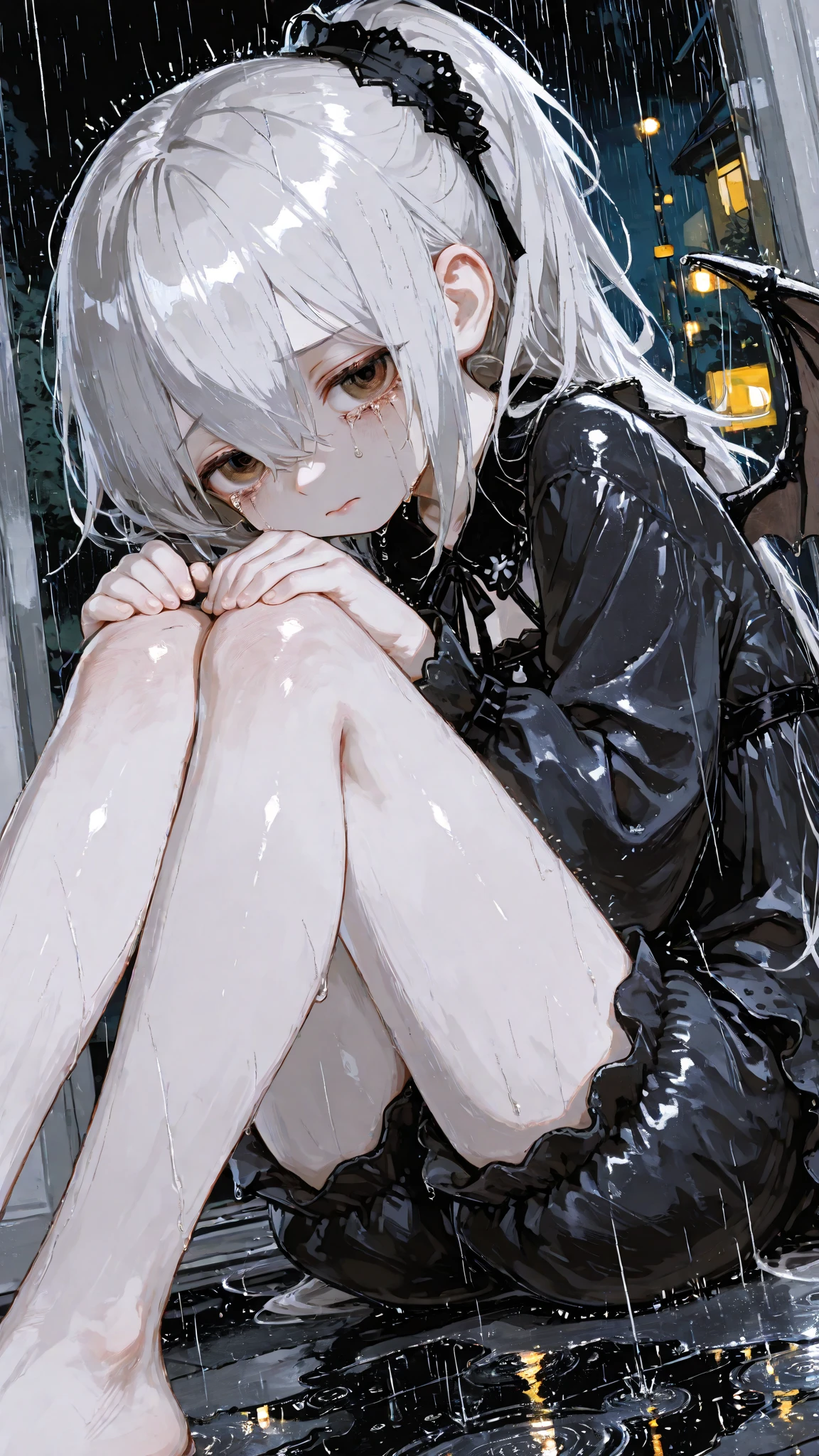 ((Highest quality)), ((masterpiece)), (detailed), nsfw, 1girl, 独奏, bob cut, sliced bob, jacket, denim skirt, pantyhose, choker, bracelet, squatting, rain, (wet), see through, expressionless, from below, ass pov