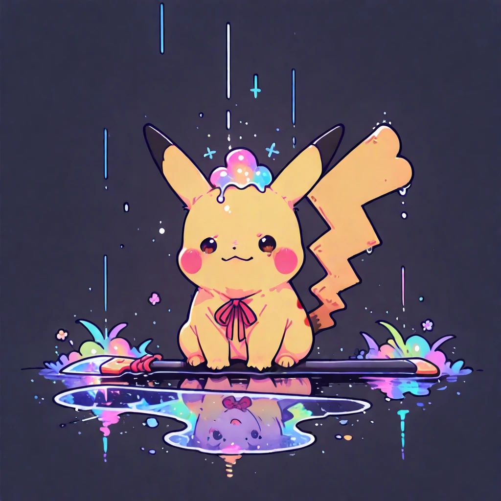 pikachu, masterpiece, best quality, Chibi style, vibrant colors,  Kawaii Design , adorable character, 1 pikachu, Alone,  simple background, night, rain, large blade, Sitting debajo, Digital Art, high quality, ultra detailed,  non-humanoid , joyful expression, Sitting, using a red ribbon on the head, 8K. Masterpiece, detailed, perspective viewed from above. 