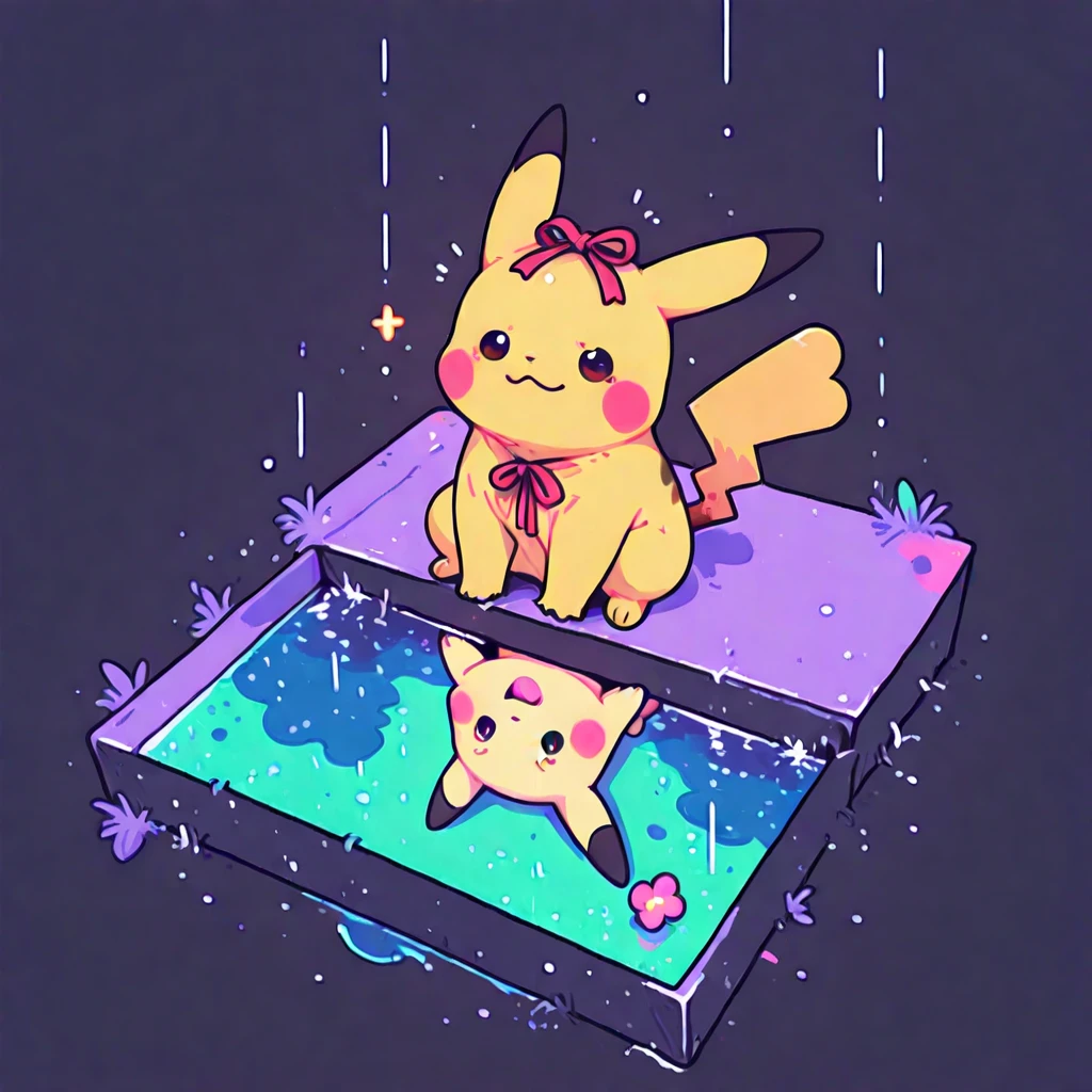 pikachu, masterpiece, best quality, Chibi style, vibrant colors,  Kawaii Design , adorable character, 1 pikachu, Alone,  simple background, night, rain, large blade, Sitting debajo, Digital Art, high quality, ultra detailed,  non-humanoid , joyful expression, Sitting, using a red ribbon on the head, 8K. Masterpiece, detailed, perspective viewed from above. 