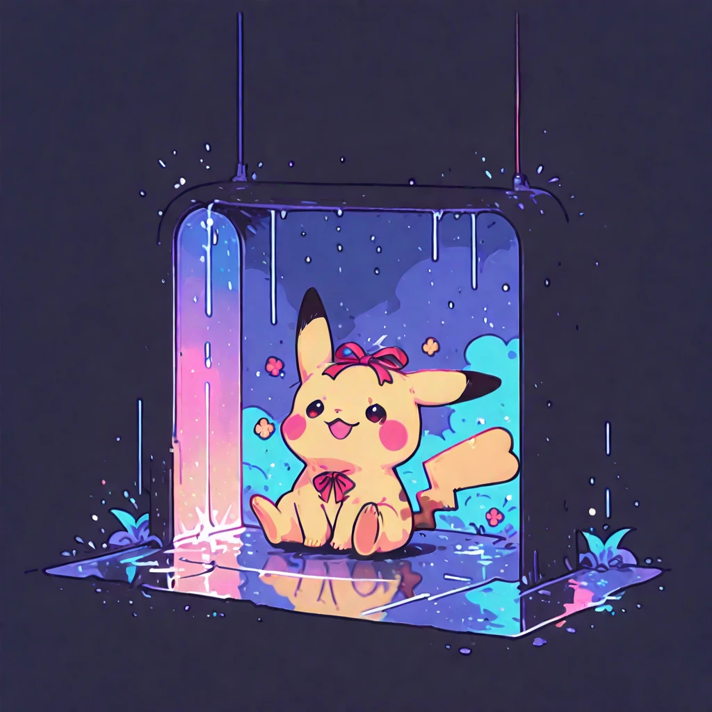 pikachu, masterpiece, best quality, Chibi style, vibrant colors,  Kawaii Design , adorable character, 1 pikachu, Alone,  simple background, night, rain, large blade, Sitting debajo, Digital Art, high quality, ultra detailed,  non-humanoid , joyful expression, Sitting, using a red ribbon on the head, 8K. Masterpiece, detailed, perspective viewed from above. 
