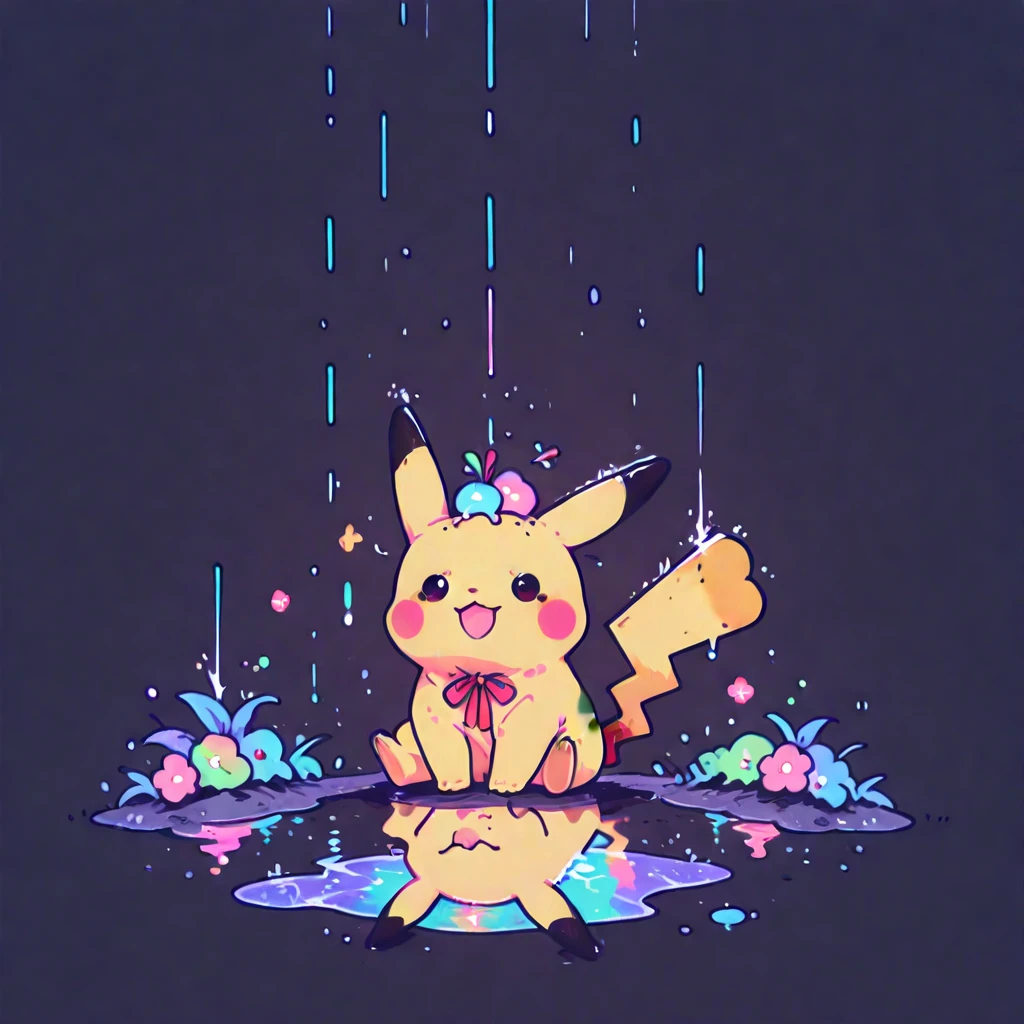 pikachu, masterpiece, best quality, Chibi style, vibrant colors,  Kawaii Design , adorable character, 1 pikachu, Alone,  simple background, night, rain, large blade, Sitting debajo, Digital Art, high quality, ultra detailed,  non-humanoid , joyful expression, Sitting, using a red ribbon on the head, 8K. Masterpiece, detailed, perspective viewed from above. 