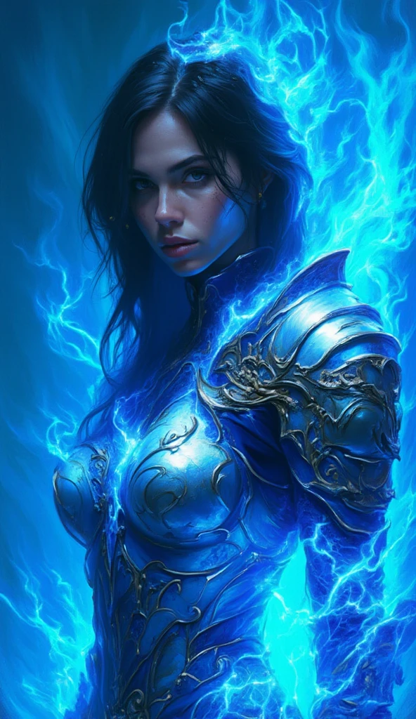 The image exhibits a photorealistic digital image reminiscent of fantasy chracter and magazine illustrations. The character, a woman in elaborate armor, is engulf by fiery blue flames. The style leans heavily into a hyperrealistic representation of the human form combined with stylized elements of fantasy. The woman's features and anatomy are meticulously detailed with body proportions, yet the surrounding environment is more painterly and less photographically realistic. The color palette is vibrant, using cool tones of blue, purple, and white to emphasize the fiery effect, contrasted with warm, metallic gods , orange and reds. The armor displays detailed textures and reflections, while the flames are rendered as photographically realistic with swirling patterns, giving a sense of movement and energy. A significant amount of detail is evident in the intricate designs on the armor, the hair, and the fiery patterns. The composition emphasizes the central figure, with blue flames acting as drama on the subject and a dynamic backdrop and enhancing her powerful presence. The medium used is likely digital art, with the artist employing software to achieve the blend of realism and stylized fantasy. The overall style suggests a combination of influences from digital fantasy art and possibly few elements of painterly brushwork, creating an expressive, dynamic portrayal.