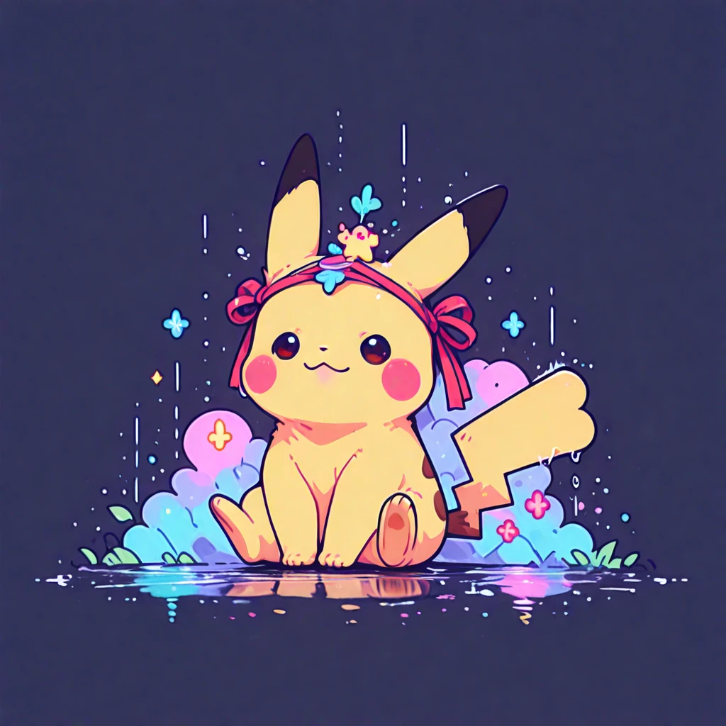 pikachu, masterpiece, best quality, Chibi style, vibrant colors,  Kawaii Design , adorable character, 1 pikachu, Alone,  simple background, night, rain, large blade, Sitting debajo, Digital Art, high quality, ultra detailed,  non-humanoid , joyful expression, Sitting, using a red ribbon on the head, 8K. Masterpiece, detailed, perspective viewed from above. 