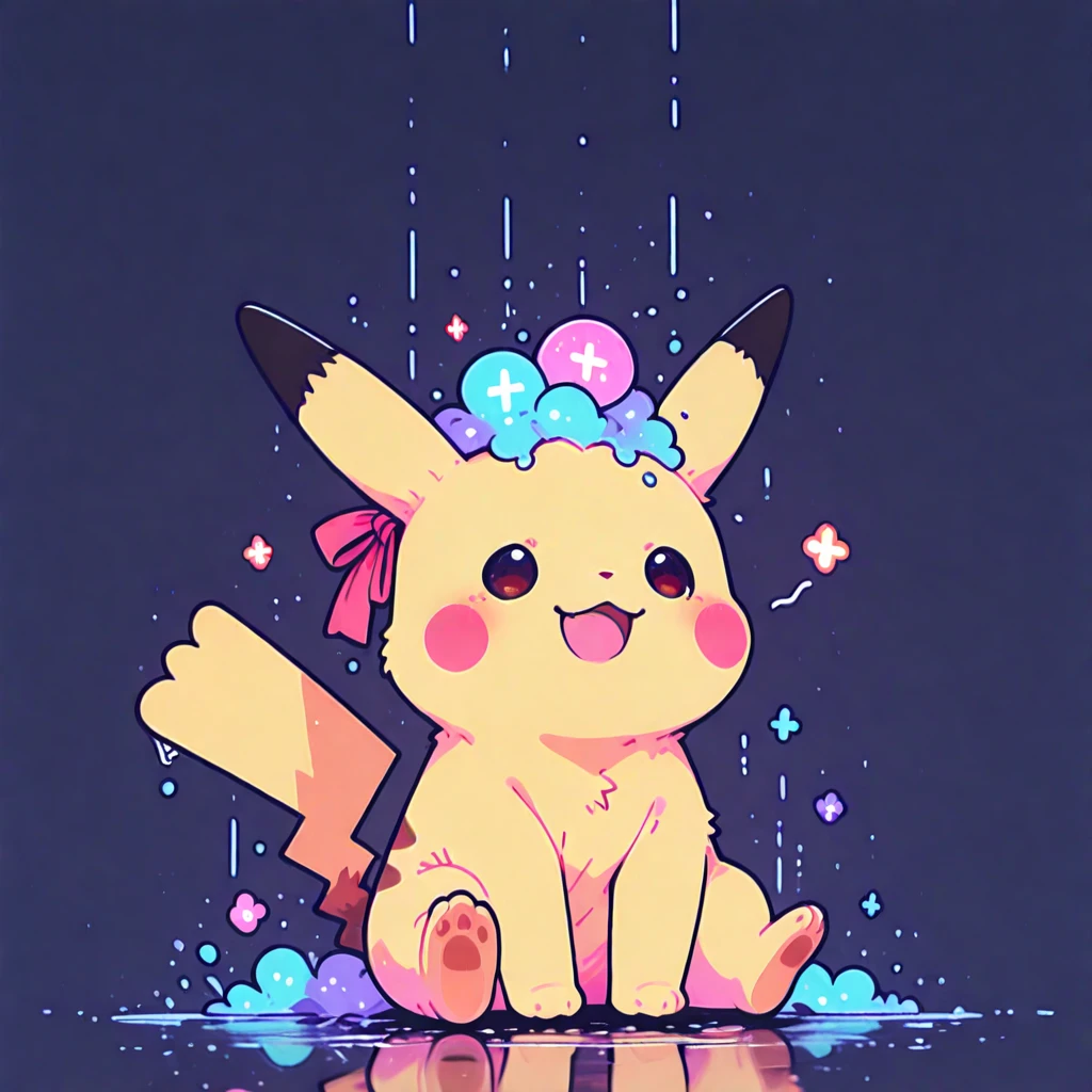 pikachu, masterpiece, best quality, Chibi style, vibrant colors,  Kawaii Design , adorable character, 1 pikachu, Alone,  simple background, night, rain, large blade, Sitting debajo, Digital Art, high quality, ultra detailed,  non-humanoid , joyful expression, Sitting, using a red ribbon on the head, 8K. Masterpiece, detailed, perspective viewed from above. 