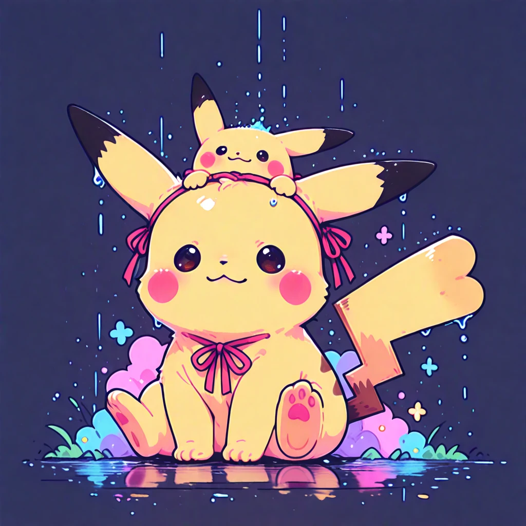 pikachu, masterpiece, best quality, Chibi style, vibrant colors,  Kawaii Design , adorable character, 1 pikachu, Alone,  simple background, night, rain, large blade, Sitting debajo, Digital Art, high quality, ultra detailed,  non-humanoid , joyful expression, Sitting, using a red ribbon on the head, 8K. Masterpiece, detailed, perspective viewed from above. 
