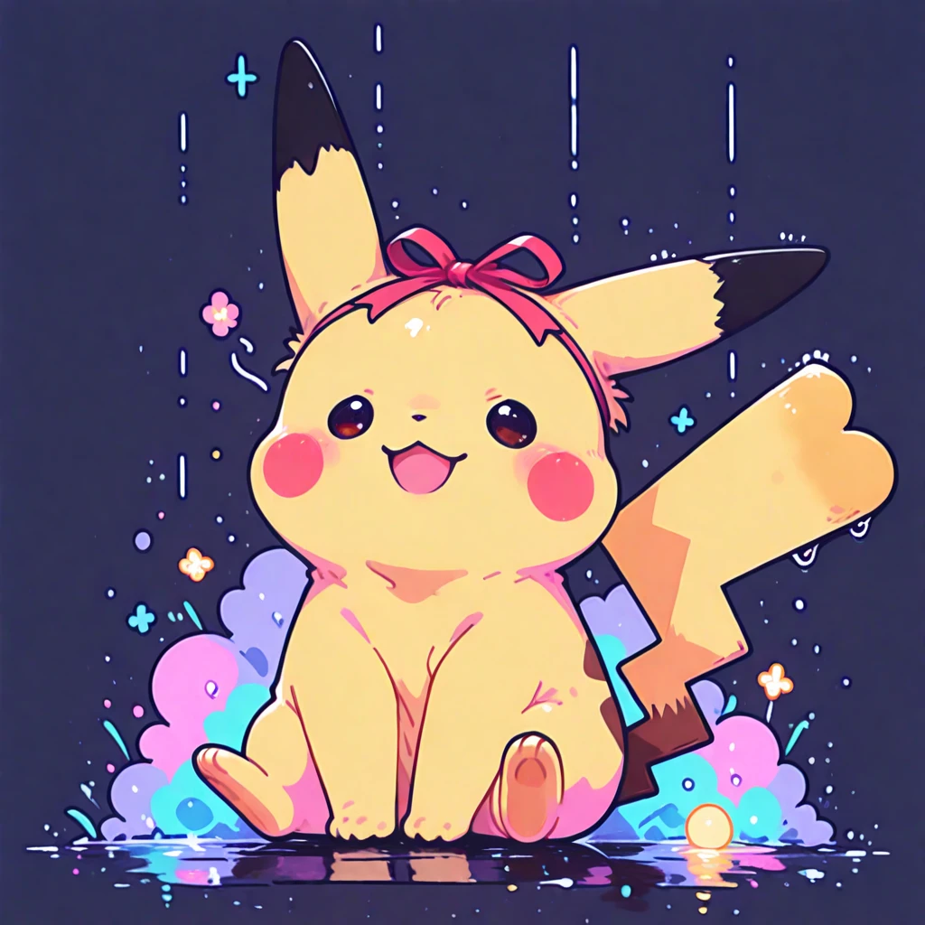 pikachu, masterpiece, best quality, Chibi style, vibrant colors,  Kawaii Design , adorable character, 1 pikachu, Alone,  simple background, night, rain, large blade, Sitting debajo, Digital Art, high quality, ultra detailed,  non-humanoid , joyful expression, Sitting, using a red ribbon on the head, 8K. Masterpiece, detailed, perspective viewed from above. 