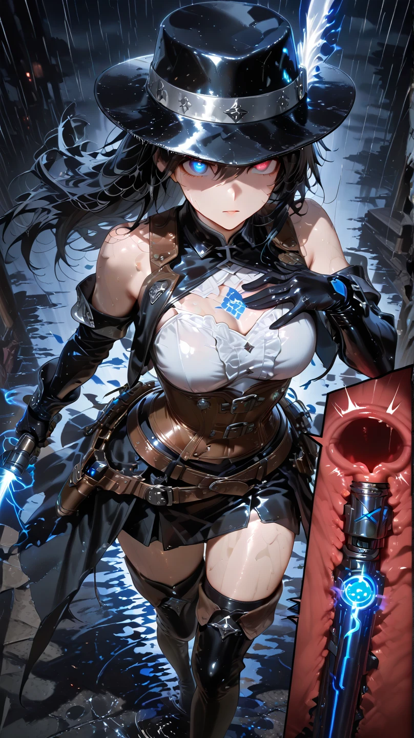 ((1 cyborg woman,curvaceous)),sinha woman,((giant breasts, lactating breasts, biomechanical oppai)),((gray liquid dripping from pussy)),((standing with two chains pulling arms up, legs together )),((very big brown hair, red eyes, crying a lot)),a haunted forest, at night,