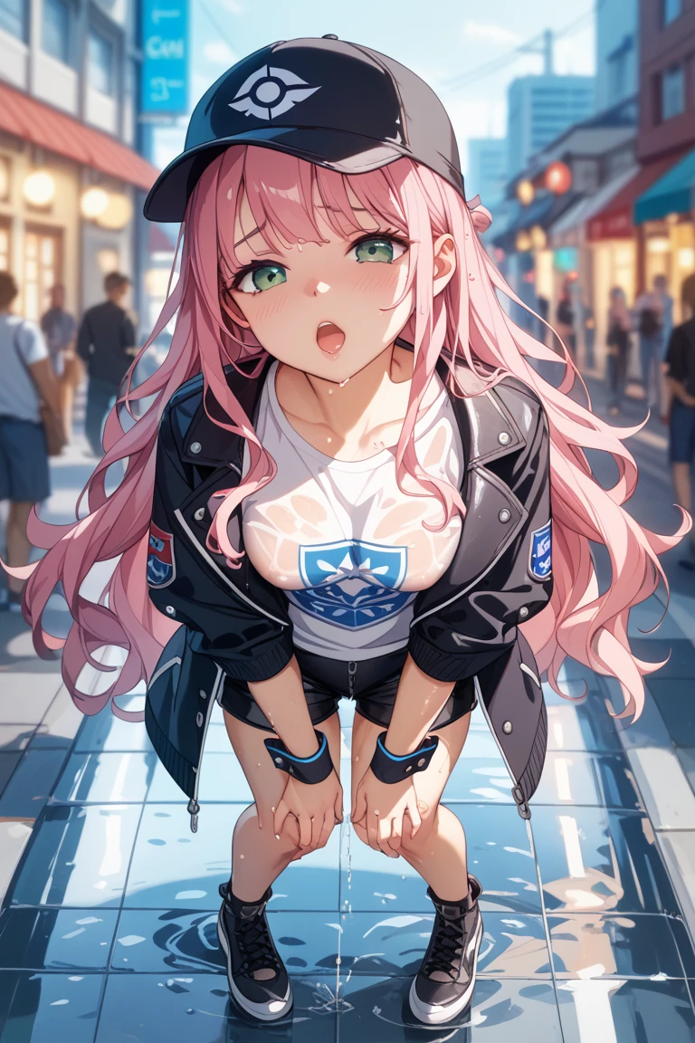 girl,Clothes Rapper,Jacket,Tank top,hat,belly button,No panties,Pissing, pissing, pissing, dripping pussy juice,Grinning face,Pink Hair,Background bus driver's seat,crowd,CountrysideOutdoorJapan,Spread your legs,M-shaped legs,sit