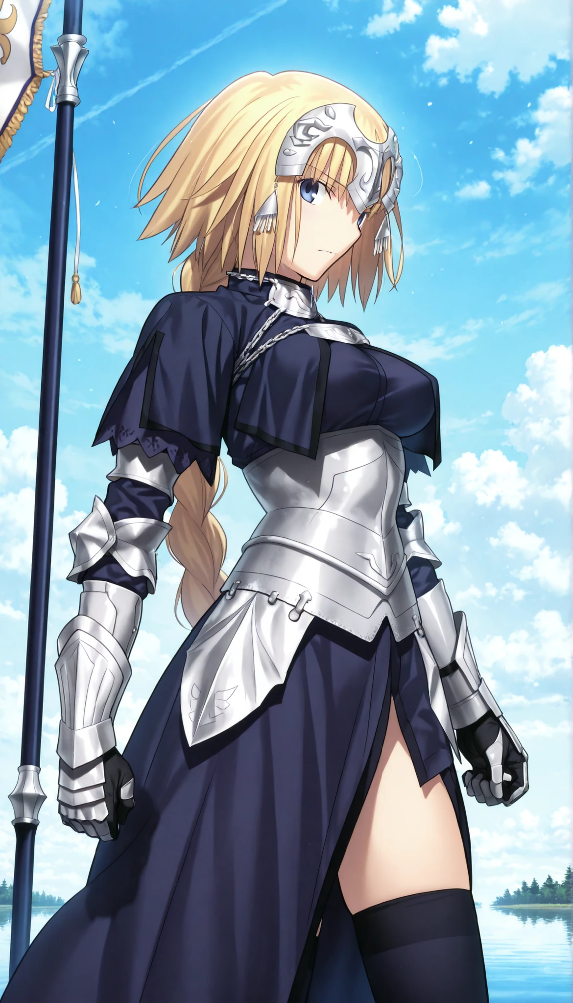 masterpiece, , absurdres, highres, detailed background, high resolution, masterpiece, necessary, detail, best quality, quality, necessary, details, High details, Precise, dark, from side:0.3, outdoors,(cowboy shot), ((in blue sky)),on lake,(white cloud), , solo,
1girl, , Takeuchi Takashi (type-moon,tsukihime) style, takeuchi takashi style, (standing pose),(flag),((very long legs)), light spread legs,
girl, slim arms, jeanne d arc, \(fgo\), blue eyes, jeanne d arc, blonde hair, medium hair, , single braid, ((very big braid, huge braid)), , armor, armored boots, armored dress, black gloves, black thighhighs, braid, dress, gauntlets, gloves, headpiece, blue dress, single braid, medium breasts, , looking at viewer,,