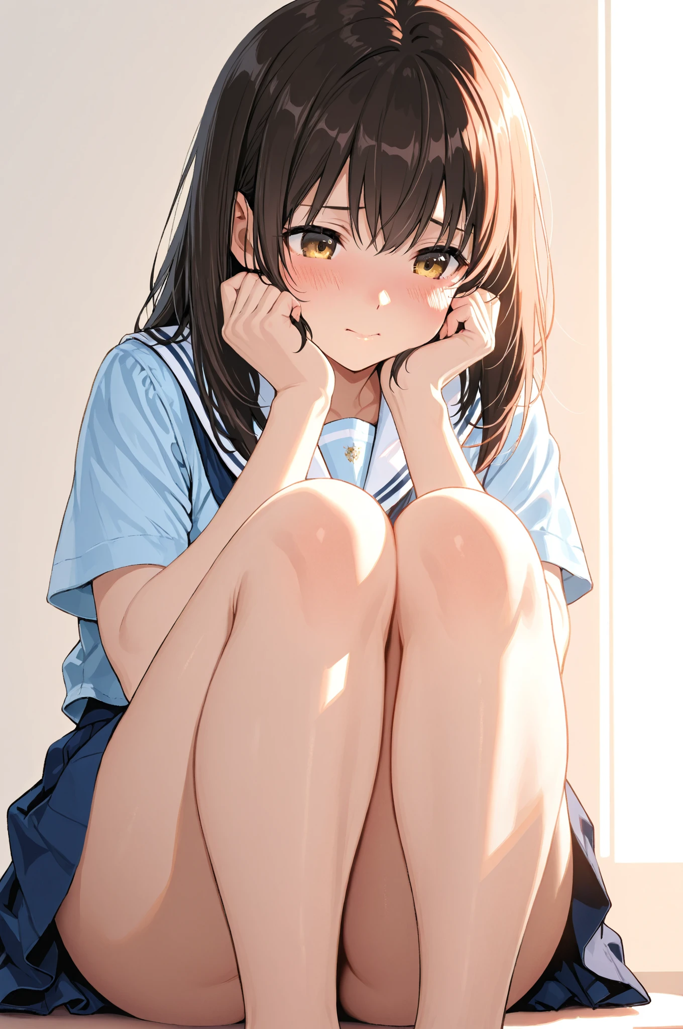 Residential Street,smile,Squat,1 ,ponytail,Black Hair,blush,Navy school swimsuit,barefoot,White skin,summer,From below,shy,Sweat,shy,