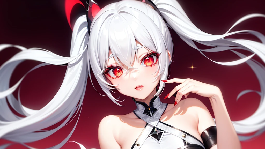 (masterpiece、Highest quality、Highest quality、Official Art、Beautiful and beautiful:1.2)、(One girl:1.3)Hatsune Miku、Twin tails,Beautiful breasts,Anime girl with white hair and red clothes posing in front of a background, Zero Two, With index finger, Official Art, Portrait of a female anime hero, completely robot!! Cat girl, Red aura, UFOTABLE art style, body and soul! Asuka Suit, anime Cat girl, Inspired by Luma Rouge, Digital coloring, Key Anime Art