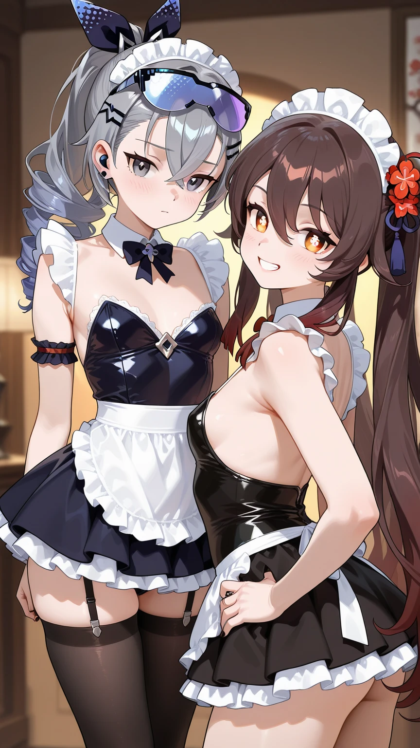 Realistic, Masterpiece, Top Quality, (Detailed Eyes), One High School Girl, Huge breast, Sweat, night, outdoor, bustling restaurant, micro bikini tucked in, string only micro bikini, Wet Face, Wet Body, ponytail, earrings, white apron, puffy short sleeves, between breasts, small tray, mole on breast, center opening, bow tie, pelvis curtain, (wide hips), (Overlooking viewer:1.1), (POV :1.3), (Angry :1.1)
