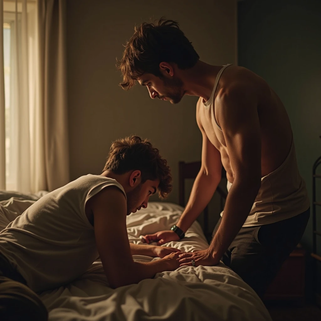 A teen sexy shirtless boy wearing fit pants sitting on the top of the abdomen of a lying guy while placing feet on his face
