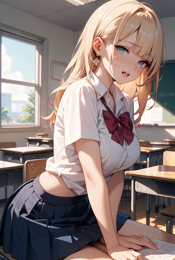 1girl, natural lighting, masterpiece, highly detailed, illustration, game CG, absurdres, high quality, beautiful detailed eyes, glossy lips, natural lighting, medium breasts, blonde hair, low twintails, bangs, hair between eyes, arisa ayase, aahiyori, short hair, standing, light smile, school, white shirt, plaid pleated miniskirt, looking back at viewer