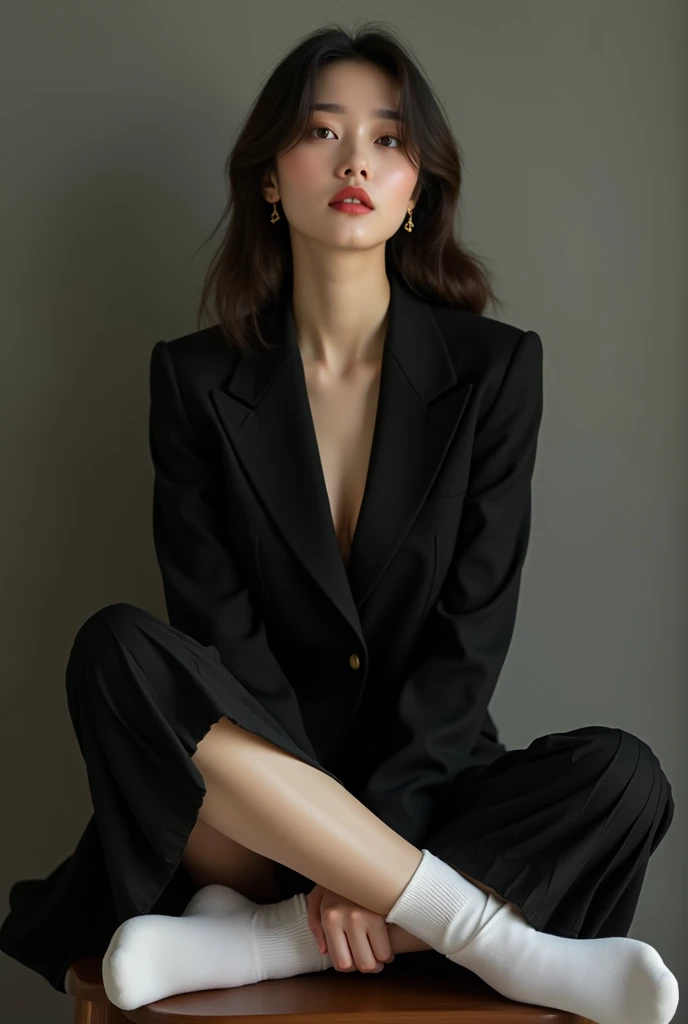 8k, Ultra-high resolution, Highest quality, masterpiece, 三分割法によるphotograph,Surreal, photograph, 1 Girl, (16 years old:1.3), pretty girl, Cute Face, Beautiful eyes in every detail, 細かくdetailedに,masterpiece,One Girl:1.2, Japan Female Announcer,full body,sad,streaming tears,Black short hair,Messy bun hair,(black suit:1.3),Nun's clothing,Black Pencil Skirt,(印象派の美しい少女のPortraiture), (Gray background:1.3),(Impressionist light and colour),Dedication to God,Sitting on a chair,Beautiful leg line beauty,Stiletto pumps,Realistic Skin, Perfect and beautiful face ,完璧でCute Face, Skin with attention to detail, Perfect limbs、Narrow waist,Looking at the audience、beauty,Long neck,clavicle,(((Ideal body type))),A cup small breasts :2,Portraiture:2,Perfect ???????,鮮明なdetailed,detailed,Surreal,Light and shadow,spotlight