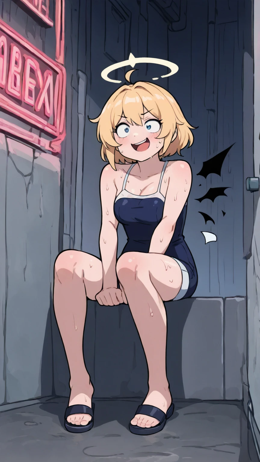 Nude women, blonde hair, 6yo, evil smug grin, naked, Sexy body, full body, standing, in the neighborhood 