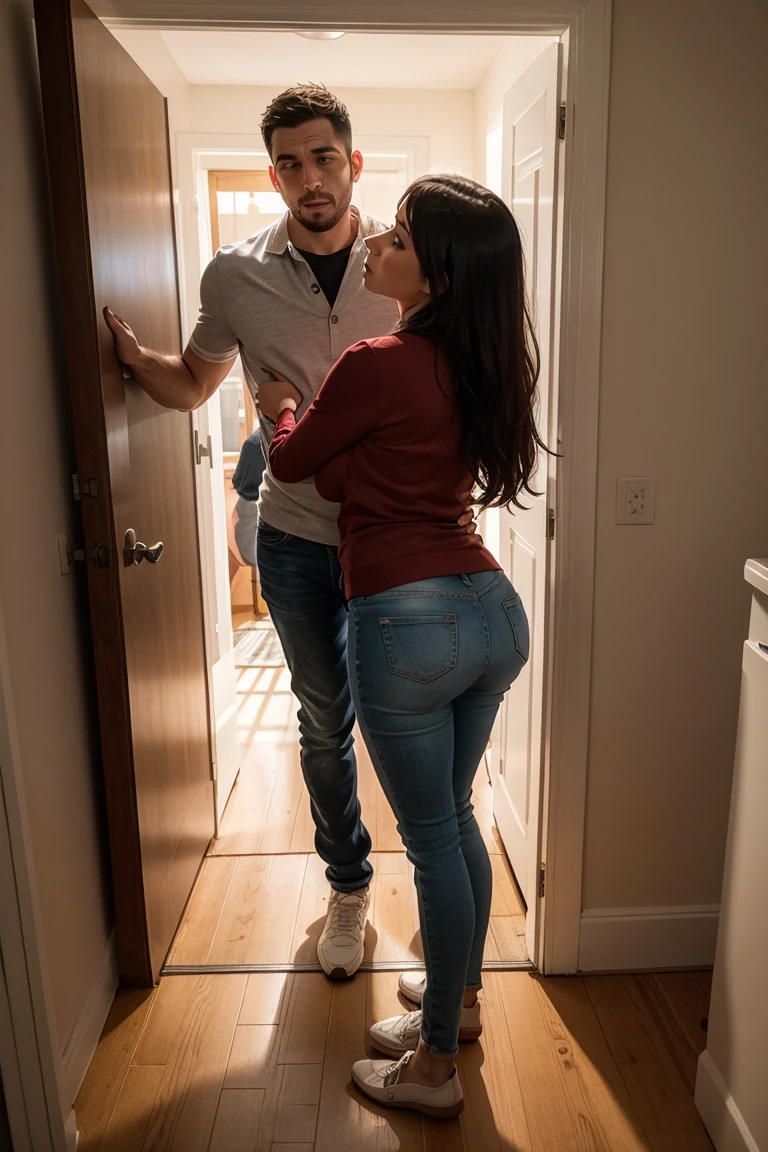 (live-action:1.9), High Resolution))) Very realistic, Like a photograph, masterpiece, (Japan man wearing glasses:1.9), (A small middle-aged Japanese man hugs a woman from behind:1.9), Detailed elevator scenario, Detailed background of the elevator, Sexy tall blonde European standing (Woman 1) (Anne Hathaway:1.9), (The woman is wearing a formal long dress:1.9), (Women have big thighs and thick buttocks), (((Cleavage))), (Long legs), (pantyhose), (High heels), (((Facial expression of disgust))), Blushed, (The man is wearing tattered clothes)
