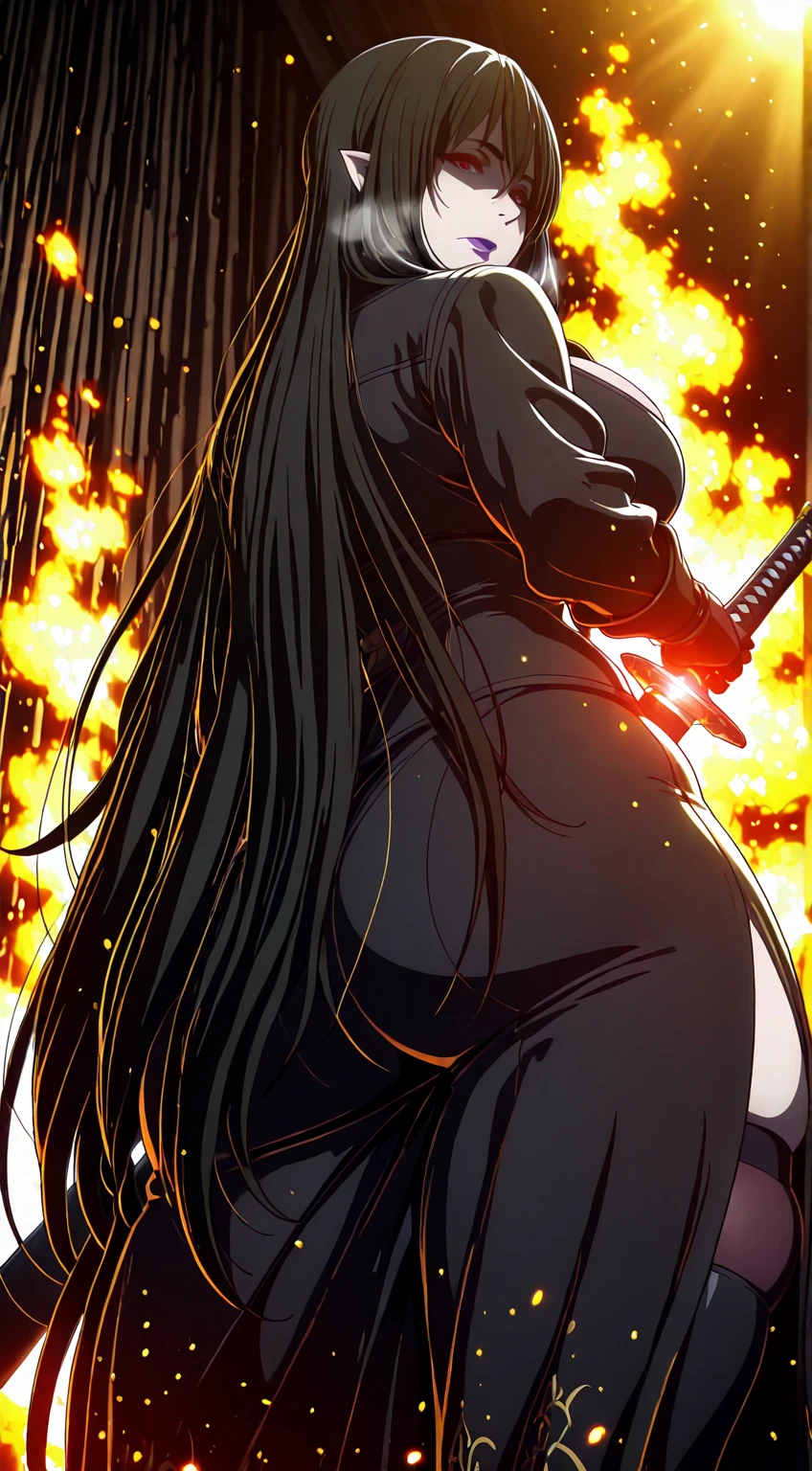 (jam-orbital-style:1.2), (zonda_(solid_air)-style:1.2), ((anatomical correct)), ((Cinematic, unreal engine, eye-catching, ambient occlusion, UHD, masterpiece)), ((perfect lighting, soft shadow)), perfect body, perfect eyes, perfect fingers, gasping, heavy breathing, gasping profusely, ((skindentation)), ((curvy)), enigma, vampire, long hair, ((black hair)), hair between eyes, red eyes, pale skin, purple lips, lipstick, pointy ears, big breasts, (voluptuous:1.5), (mature female:1.5), 1girl, weapon, sword, holding_weapon, solo, holding, holding_sword, looking_back, looking_at_viewer, glowing, katana, armor, sheath, from_behind, closed_mouth, unsheathing, gloves, long_sleeves, japanese_armor, glowing_weapon, black_gloves, standing, drawing_sword, shaded face, gothic style, particles, embers