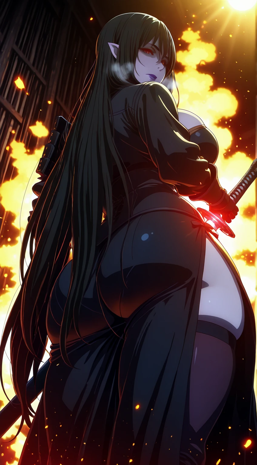 (jam-orbital-style:1.2), (zonda_(solid_air)-style:1.2), ((anatomical correct)), ((Cinematic, unreal engine, eye-catching, ambient occlusion, UHD, masterpiece)), ((perfect lighting, soft shadow)), perfect body, perfect eyes, perfect fingers, gasping, heavy breathing, gasping profusely, ((skindentation)), ((curvy)), enigma, vampire, long hair, ((black hair)), hair between eyes, red eyes, pale skin, purple lips, lipstick, pointy ears, big breasts, (voluptuous:1.5), (mature female:1.5), 1girl, weapon, sword, holding_weapon, solo, holding, holding_sword, looking_back, looking_at_viewer, glowing, katana, armor, sheath, from_behind, closed_mouth, unsheathing, gloves, long_sleeves, japanese_armor, glowing_weapon, black_gloves, standing, drawing_sword, shaded face, gothic style, particles, embers