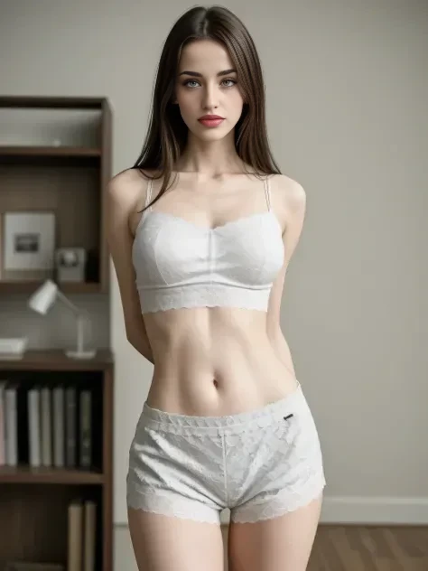((best quality)), ((Meisterwerk)), (Detailliert), Perfektes Gesicht(best quality)), ((Meisterwerk)), (Detailliert), Perfektes Gesicht,stunning realistic, photorealistic, photorealism, 1 beautiful spain girl,small nose,17 years old,Brown long hair,light curly hair,beautiful grey and hazel eyes,light sixpack,open zip hoodie,cute bra,skinny sport shorts,silver necklace
