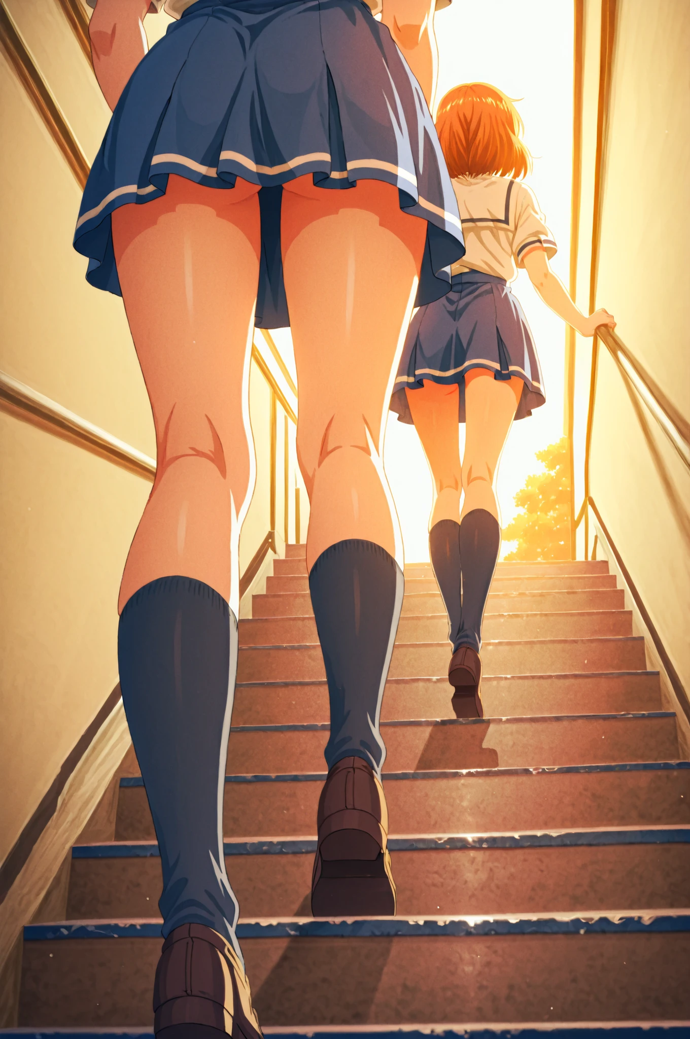 ((highest quality, 8k, RAW Photos)), Sharp Focus 1.5,((high school girl3people々were lined up))Twin tails,ponytail,Shortcuts,Rear View((When you go down the stairs at the station))((パンツ 3people)),(((Low Angle,Blue and light blue plaid mini skirt)))(((loose socks,loafers)))((From below))((Summer Shirts))風でスカートがめくれ上がる3people、Voyeur、Reverse Shooting{look back and despise}