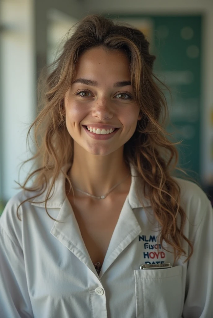 a single beautiful female veterinary technician, 16 years old, smiling with perfect straight white teeth
