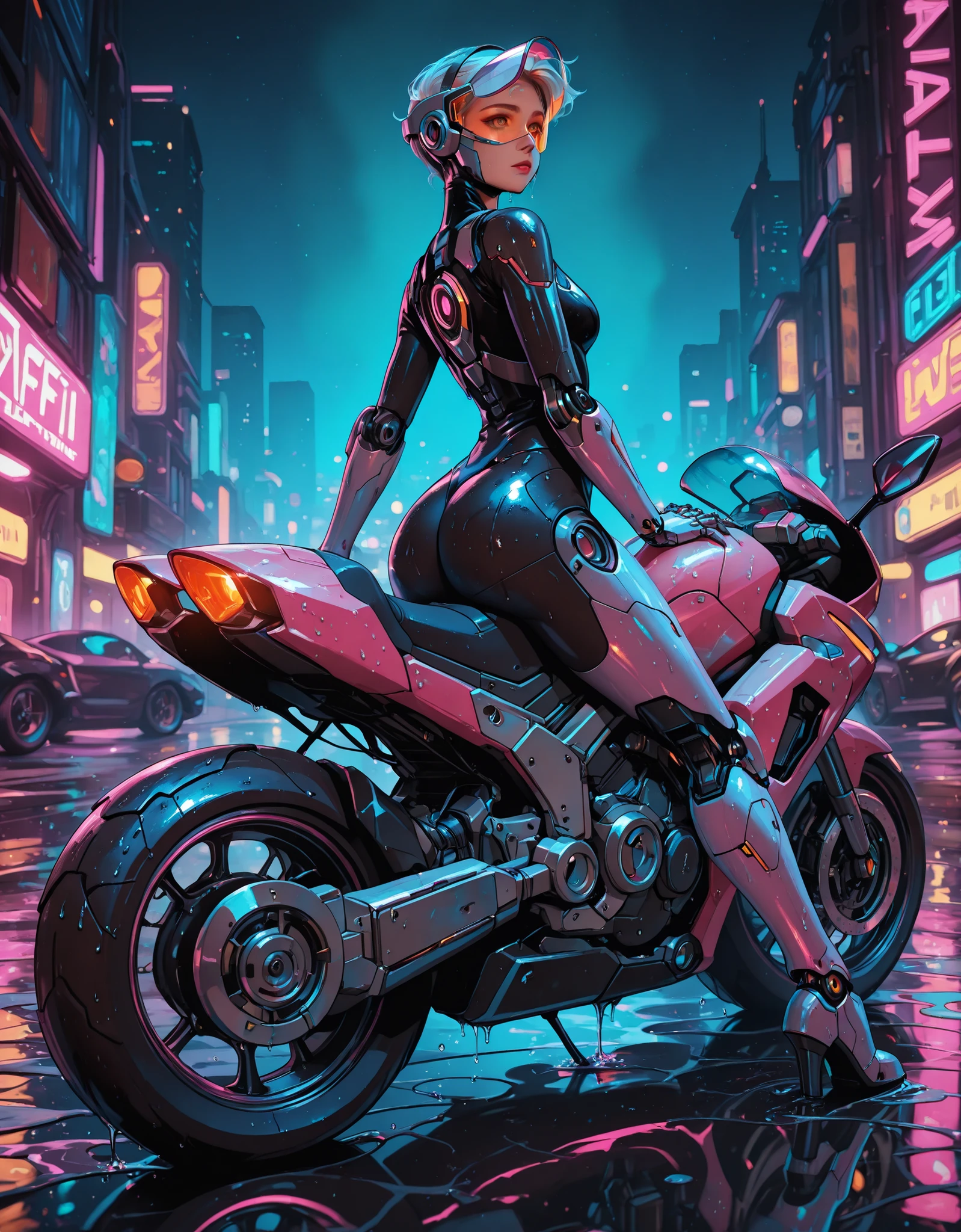 cyborg woman, futuristic motorcycle, night city, neon background, visor, sitting pose, cyberpunk outfit, wet asphalt, sci-fi style, digital painting, colored lighting, ambient reflections, ultra-detailed design, mechanical limbs, 4k, masterpiece