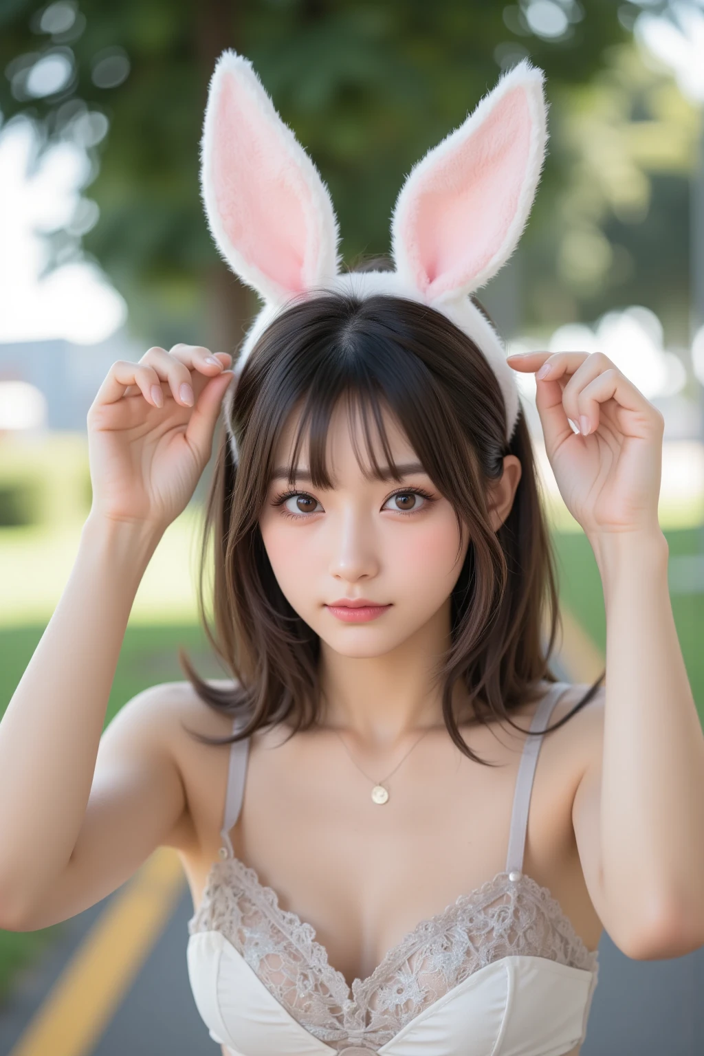 Bunny ears,absurd, super detailed,bright colors,(8k:1.5),Masseter muscle part,very beautiful detailed face and eyes、summer morning、Ghibli,summer country road,25years old,fullbody,topless
